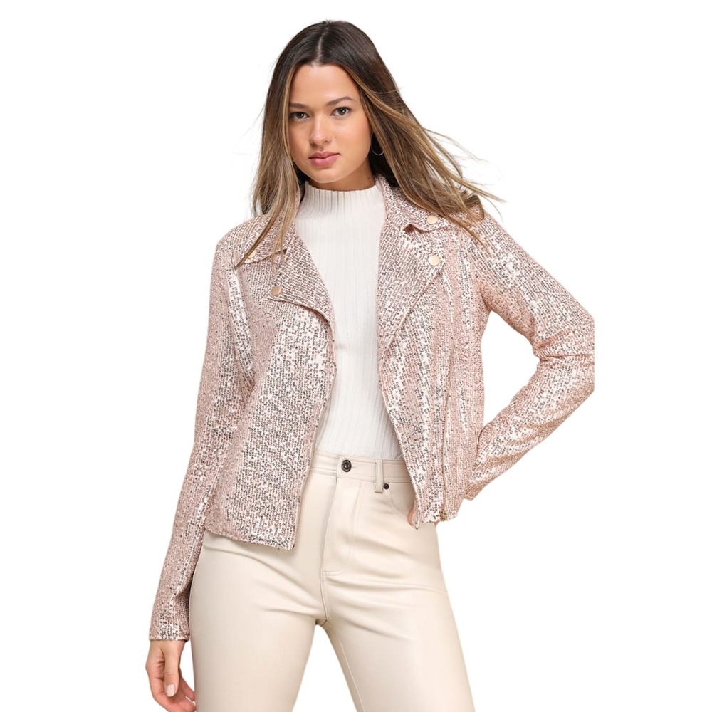 Lulus Rose Gold Sequin Moto Jacket Asymmetrical Zip Party MEDIUM
